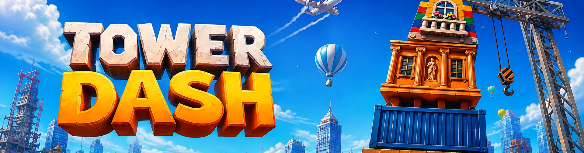 Tower Dash banner by INOUT Games: a tower of stacked blocks and a construction crane above a city skyline